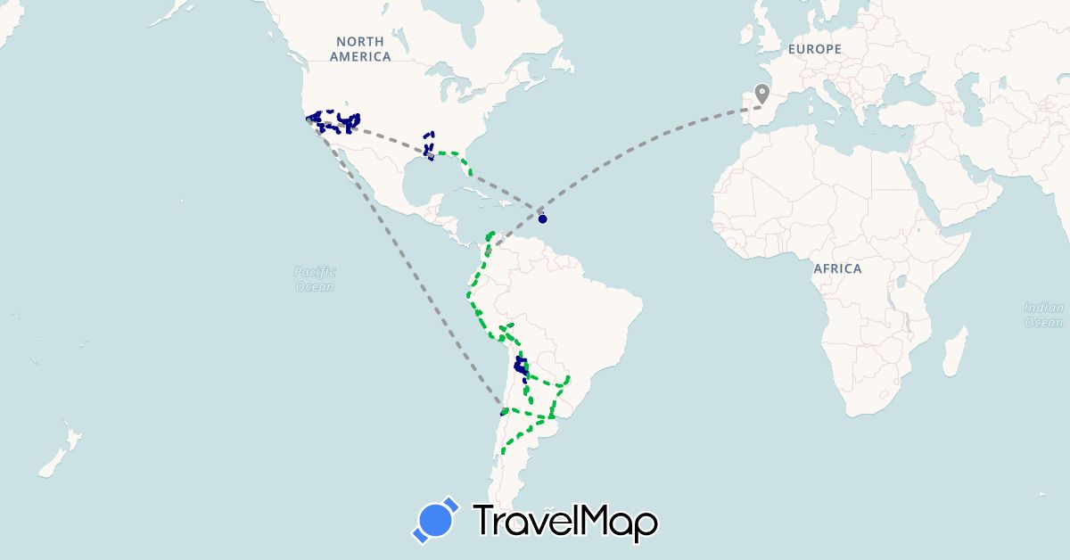 TravelMap itinerary: driving, bus, plane, cycling, hiking, boat, motorbike in Argentina, Bolivia, Brazil, Chile, Colombia, Dominica, Ecuador, Spain, France, Peru, United States (Europe, North America, South America)